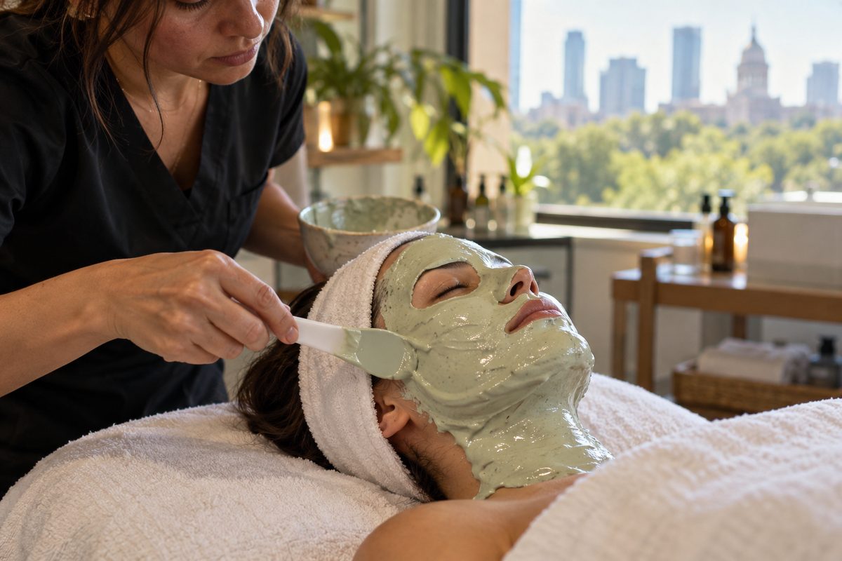 Application of a soothing pale sage alginate peel-off mask following a skin resurfacing service