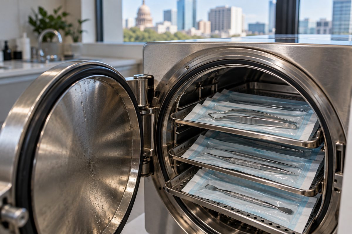 Hospital-grade autoclave sterilizer loaded with sealed pouches of esthetic instruments