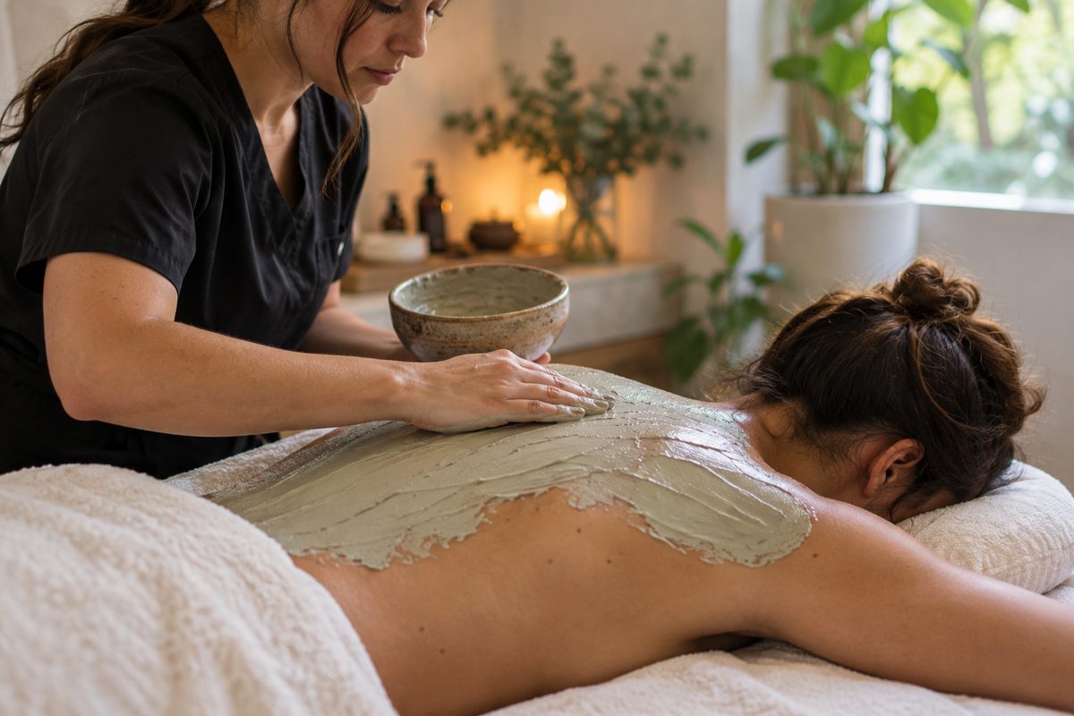 Application of a purifying kaolin clay pack across the shoulders during a clinical back treatment