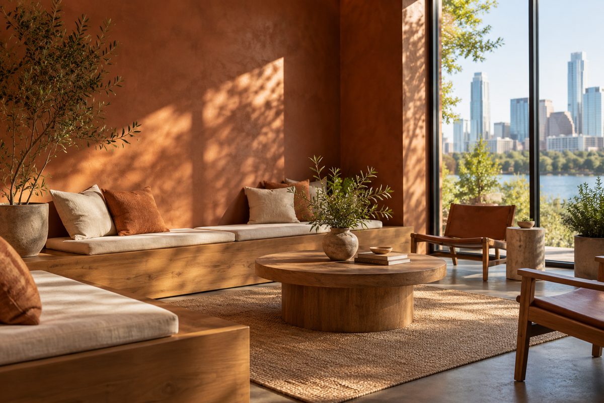 Quiet waiting lounge at Cosmetiva with terracotta walls and natural linen seating