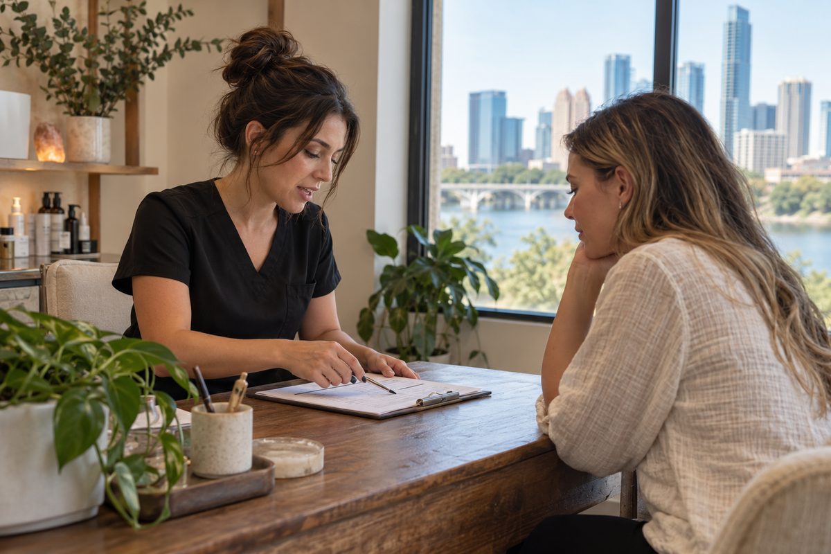 Esthetician conducting a personalized skin consultation with a client in a quiet room