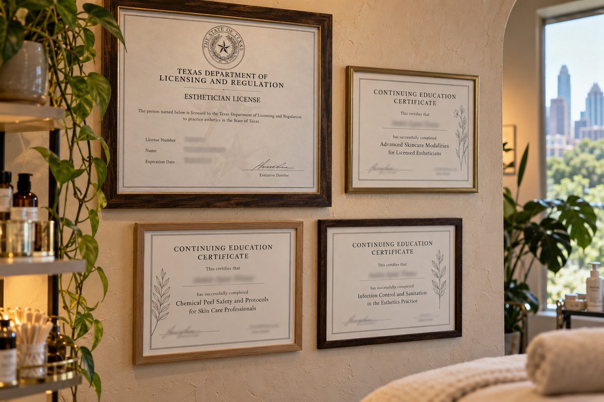 Framed State of Texas esthetics licenses and professional certifications on studio wall
