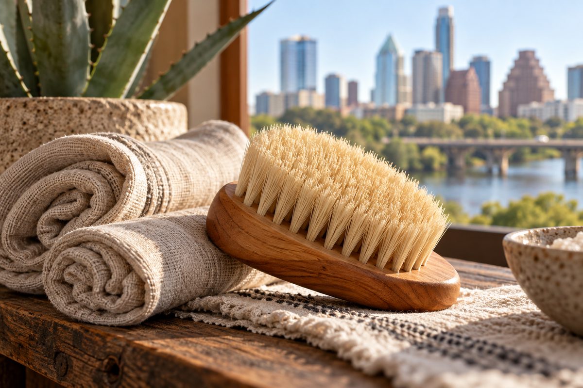 Natural agave bristle dry brush on wooden handle resting beside linen compresses