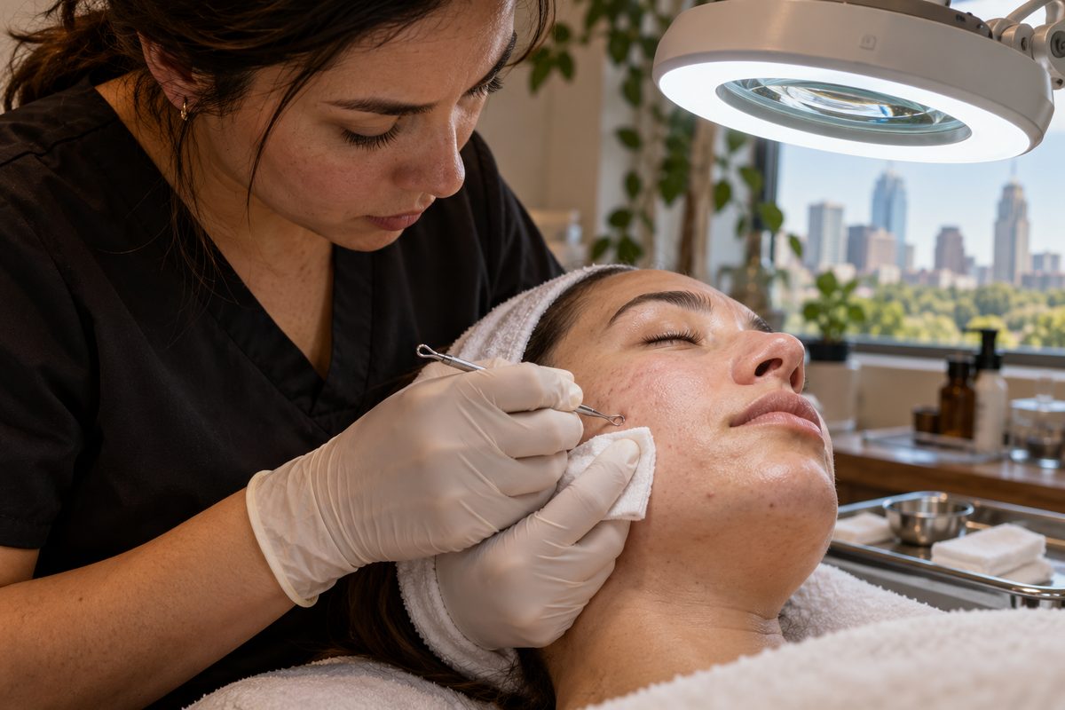 Licensed esthetician performing careful manual comedone extraction on a client using sterile implements