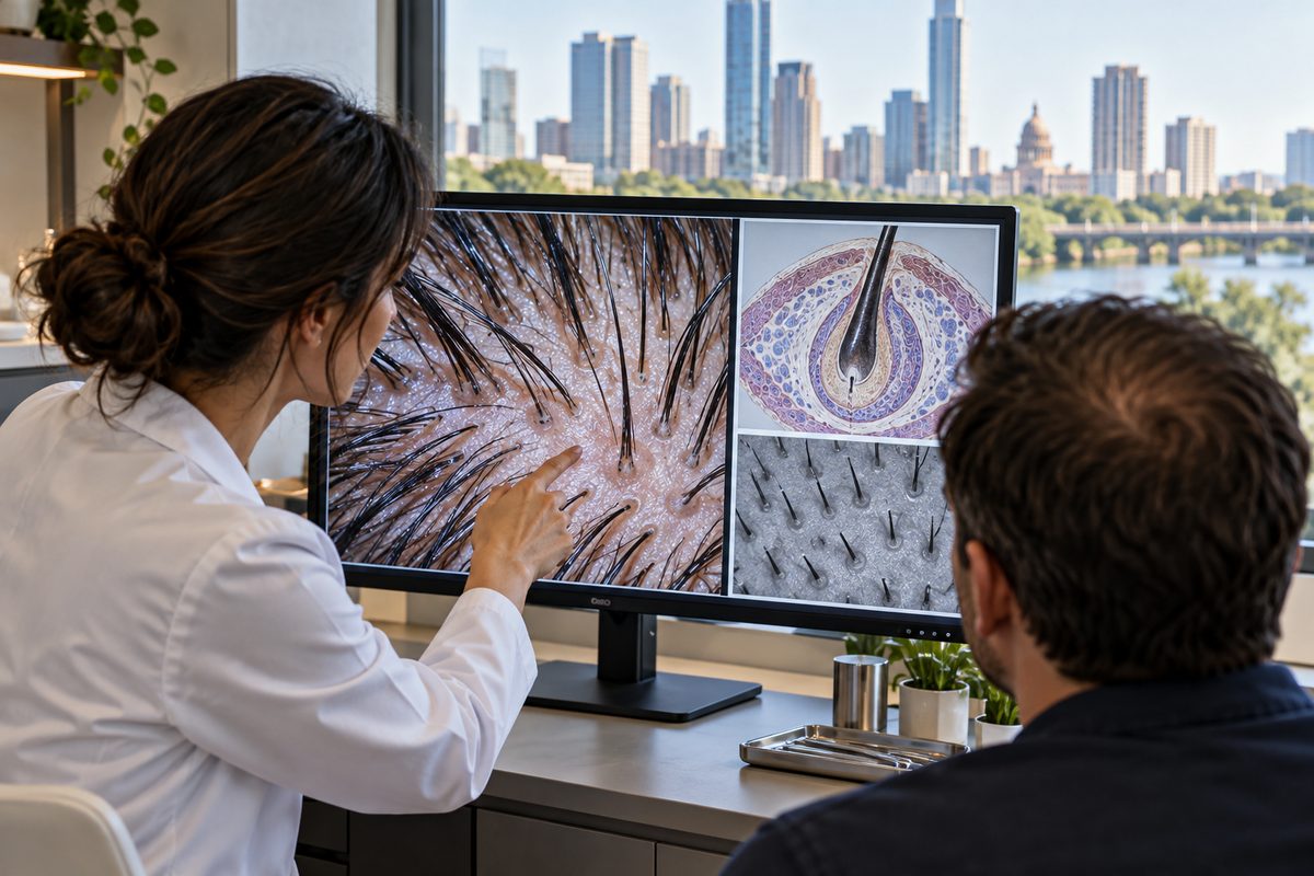 High-resolution trichological analysis display showing follicular scalp health