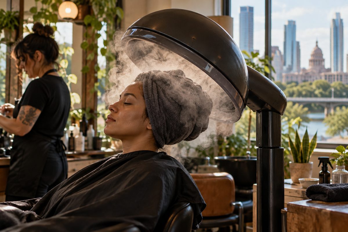 Thermal steam treatment penetrating deep conditioning hair mask on a client