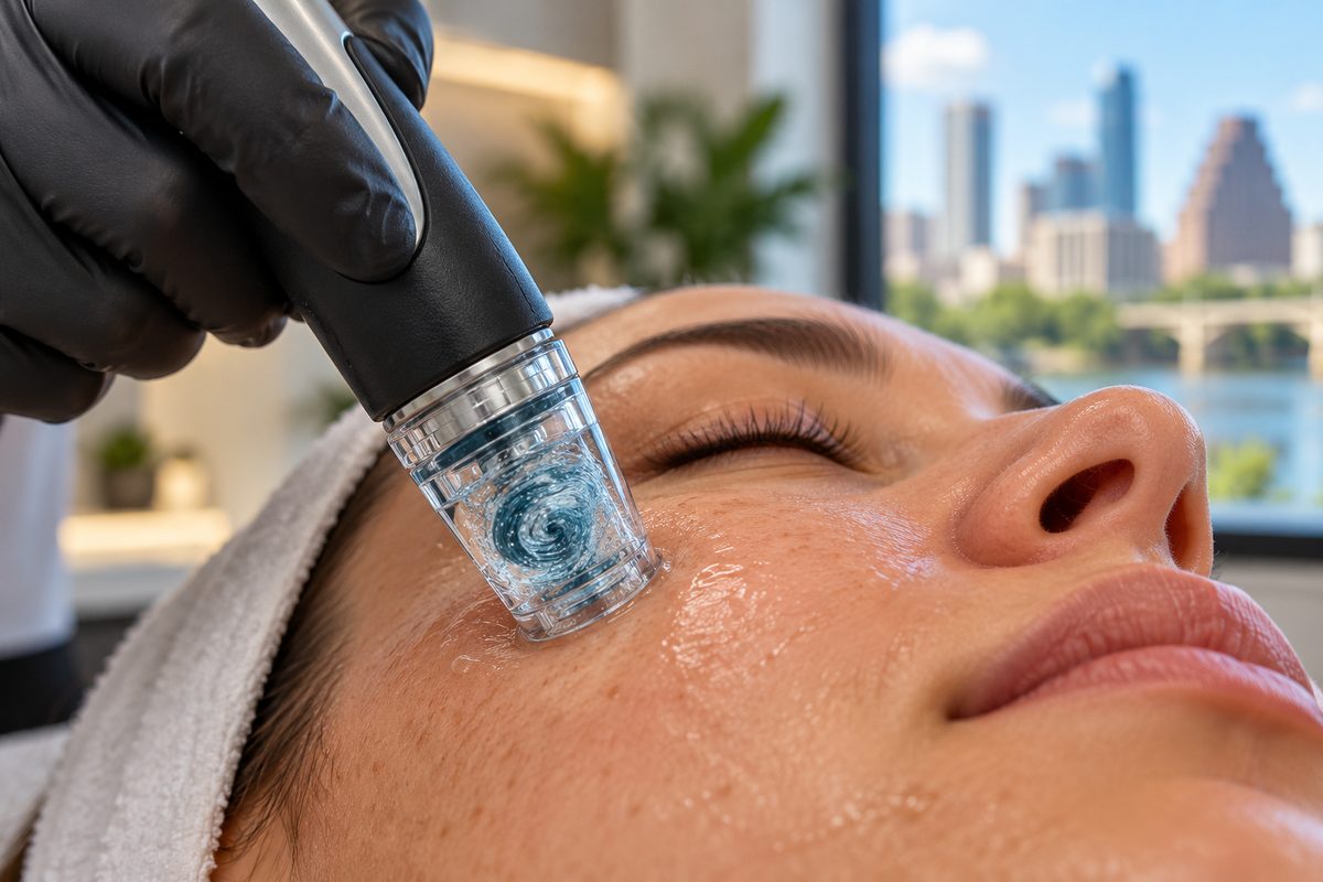 HydraFacial spiral treatment handpiece infusing active hydration serum along the client's jawline