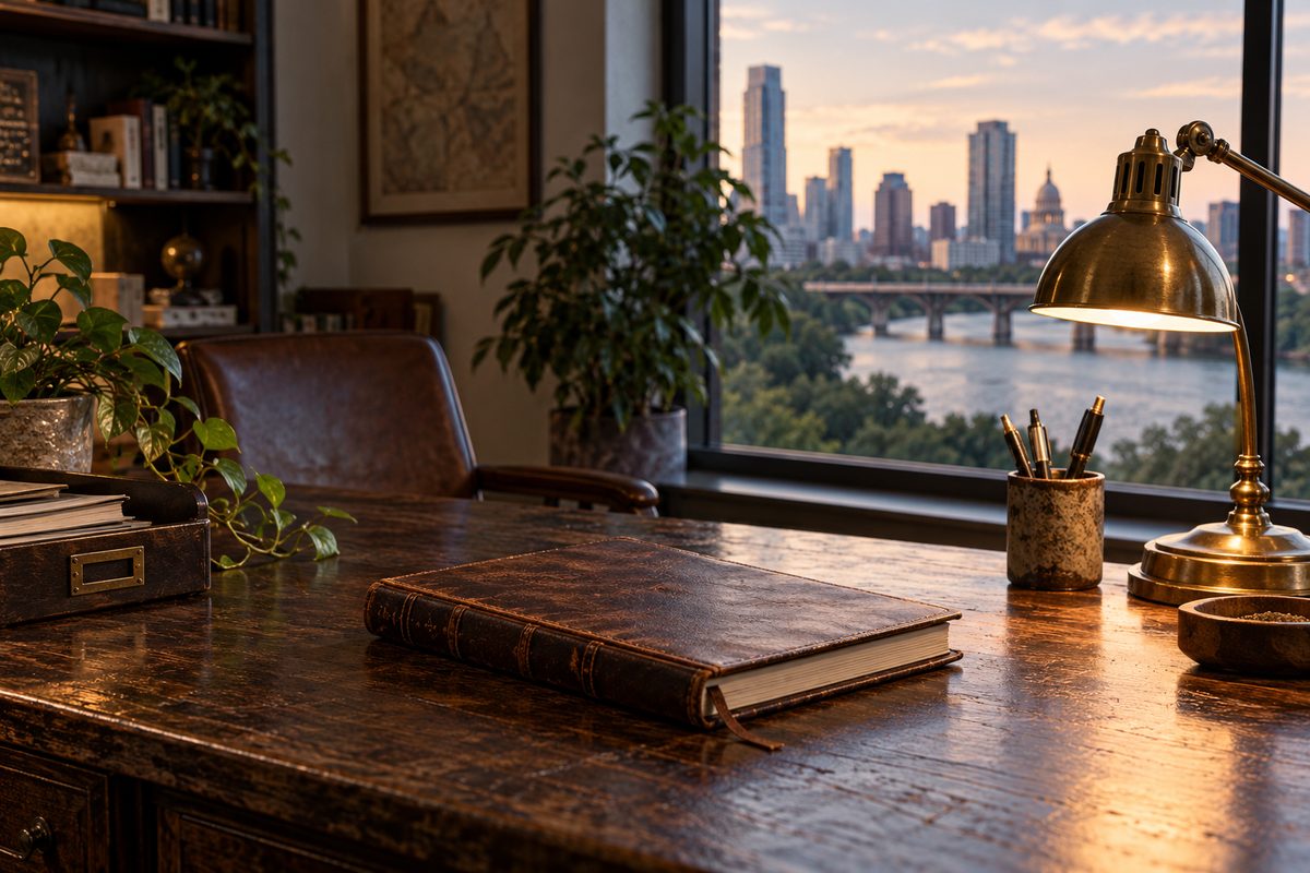 Quiet studio desk with scheduling ledger and warm ambient lighting