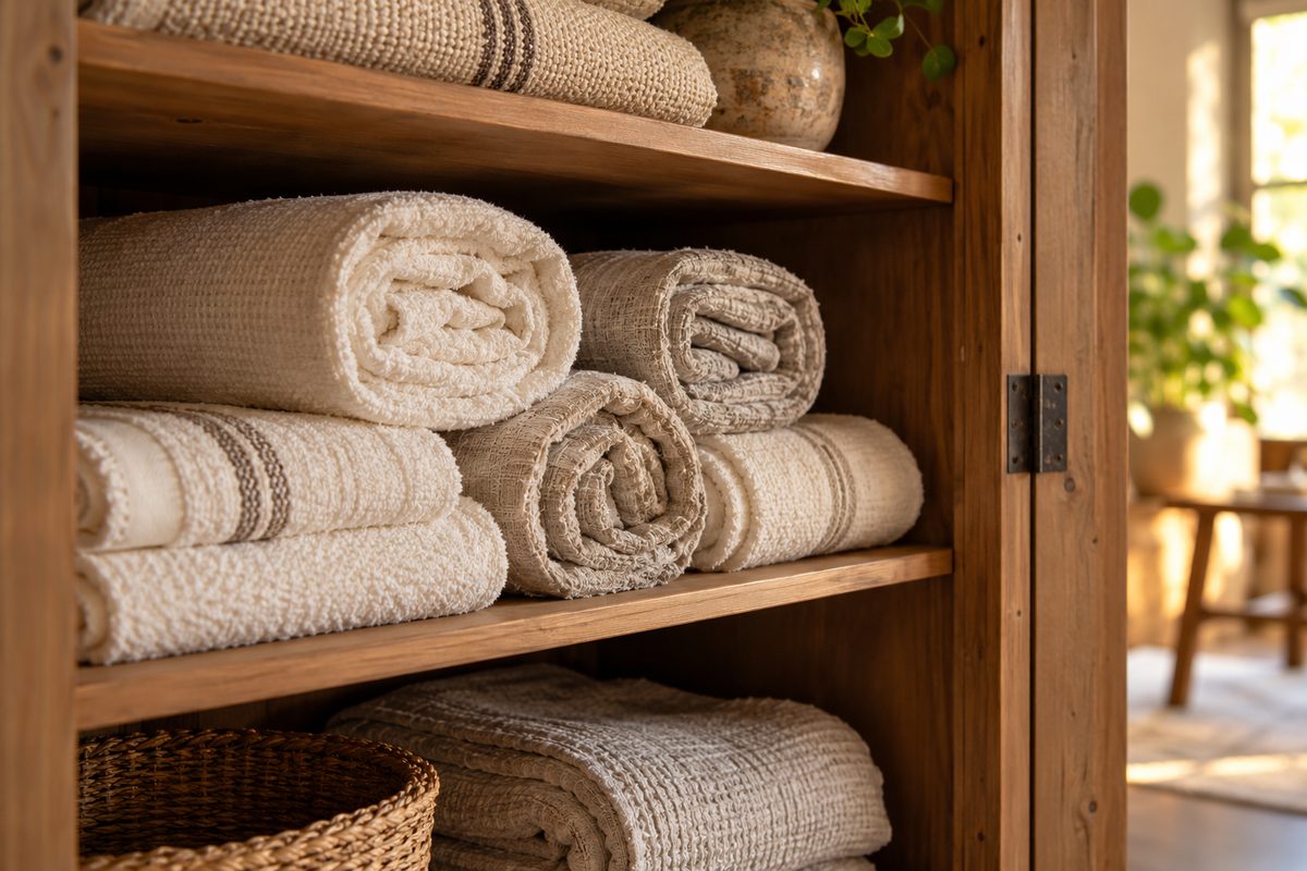 Stack of clean rolled linen towels in a warming cabinet ready for treatment sessions