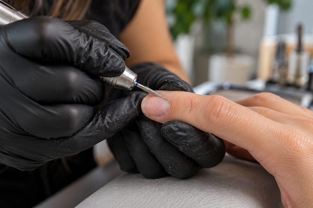 Precision e-file diamond bit working carefully along the cuticle margin during a dry manicure