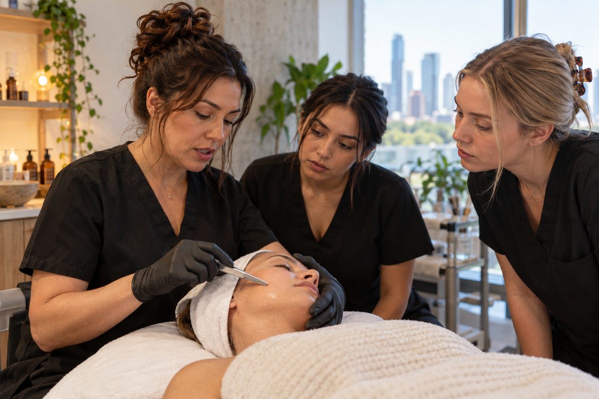 Master esthetician demonstrating proper technique to apprentices during a studio training class