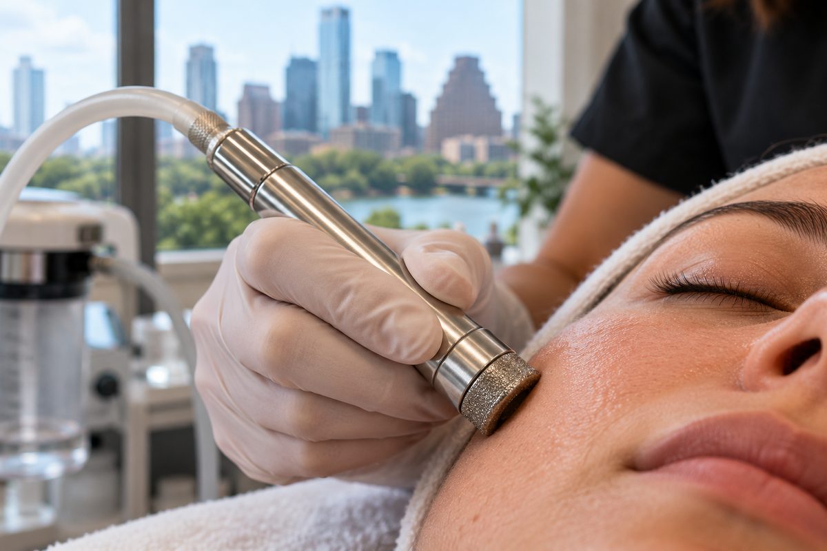 Medical-grade diamond-tip microdermabrasion wand gently exfoliating the skin surface