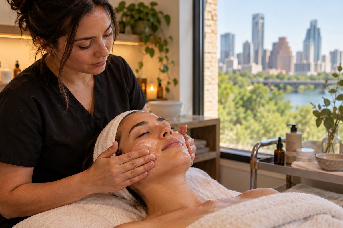 Esthetician finishing a skin treatment by pressing restorative ceramide cream into the skin