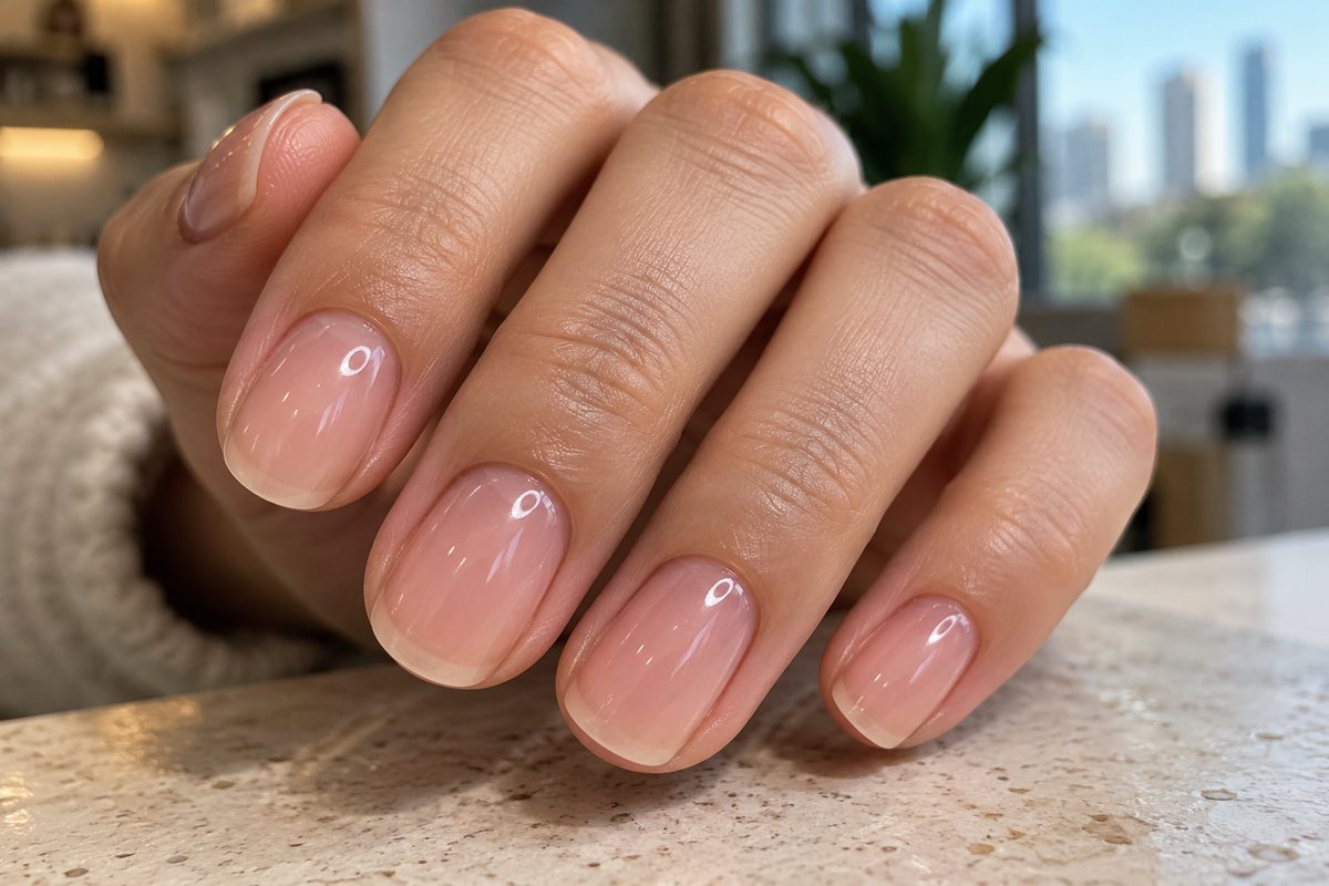 Macro view of finished structured gel overlay showcasing clean cuticle pocket and smooth apex