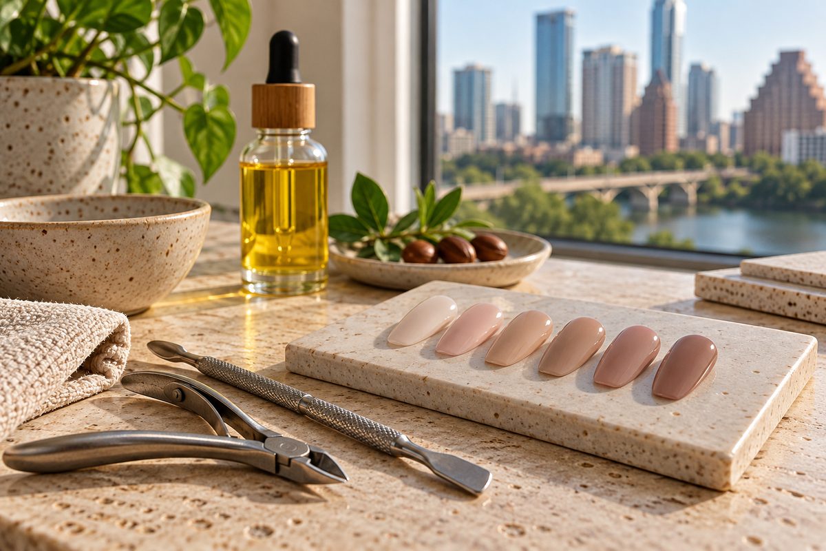 Curated palette of neutral rubber base gels and sterilized nail care tools