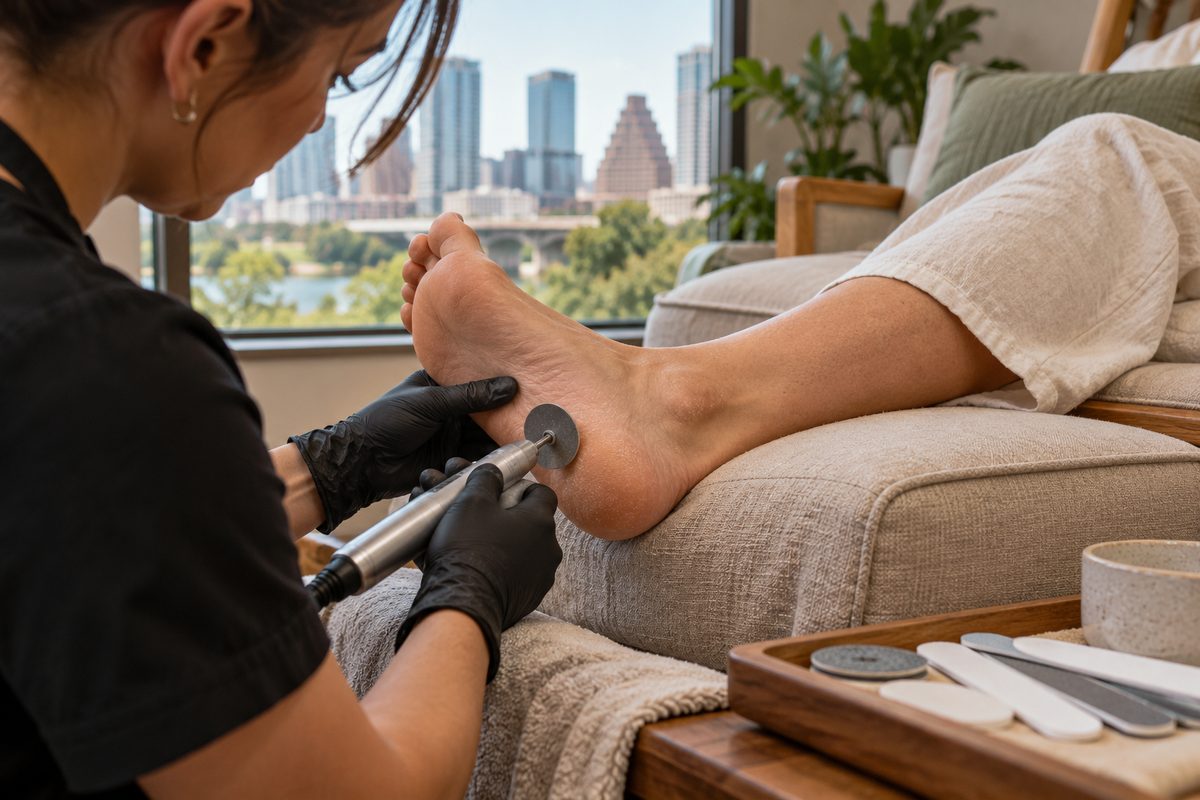 Hygienic waterless dry pedicure procedure smoothing the heel with disposable abrasive disc