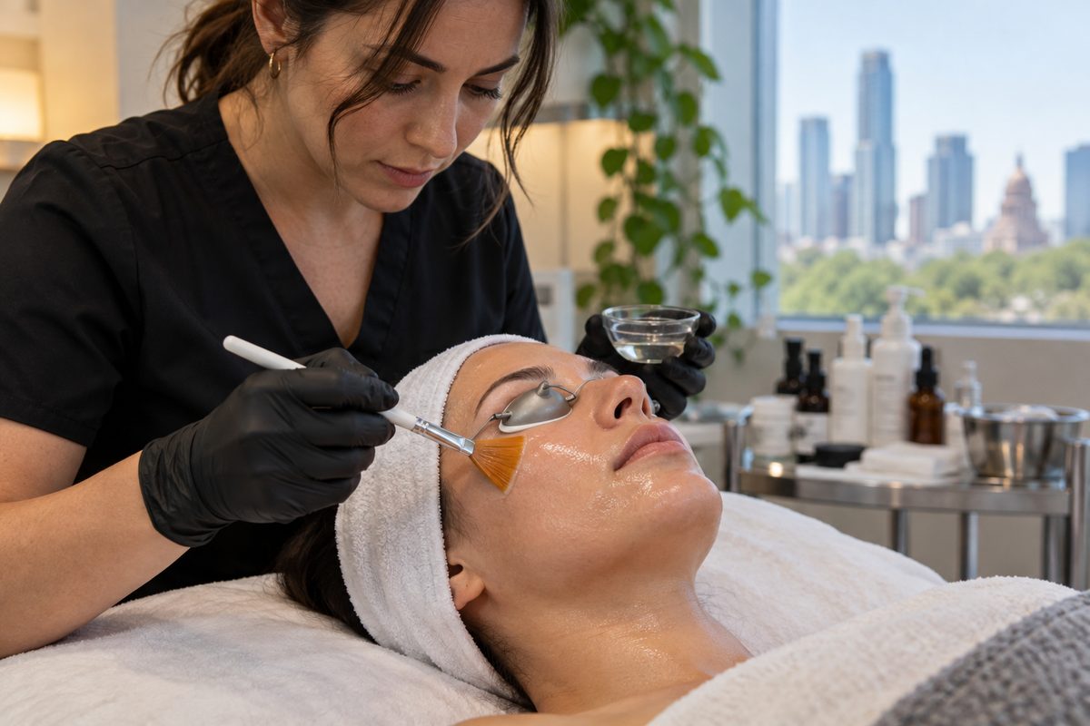 Application of a professional chemical peel solution using a fan brush during a facial appointment