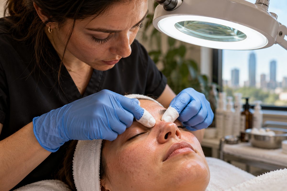 Esthetician performing gentle manual pore clearing under clinical daylight lighting