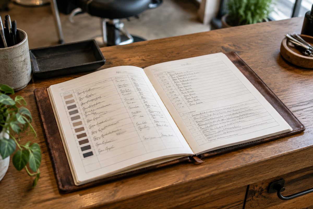 Leather-bound studio pricing ledger and schedule schedule on oak counter