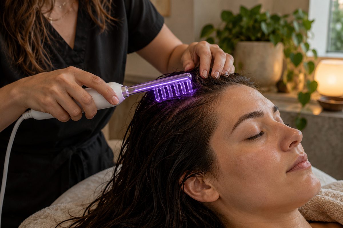 High-frequency glass comb glowing violet while treating the scalp line in a quiet studio room