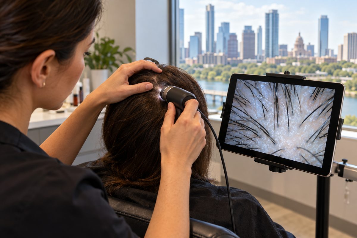 Handheld trichology camera assessing scalp barrier and follicular health on screen