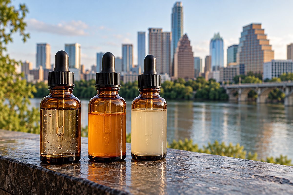 Amber glass dropper bottles of active cosmetic serums arranged on a stone shelf