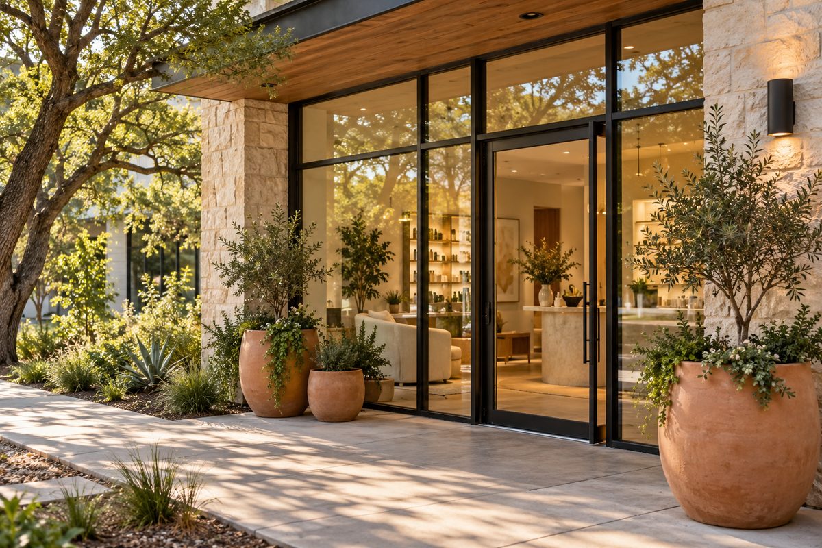 Exterior view of Cosmetiva skincare studio at 1301 Barton Springs Road in Austin, Texas