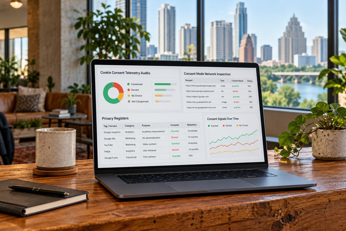 Digital privacy register and Consent Mode telemetry audit screen in the studio office