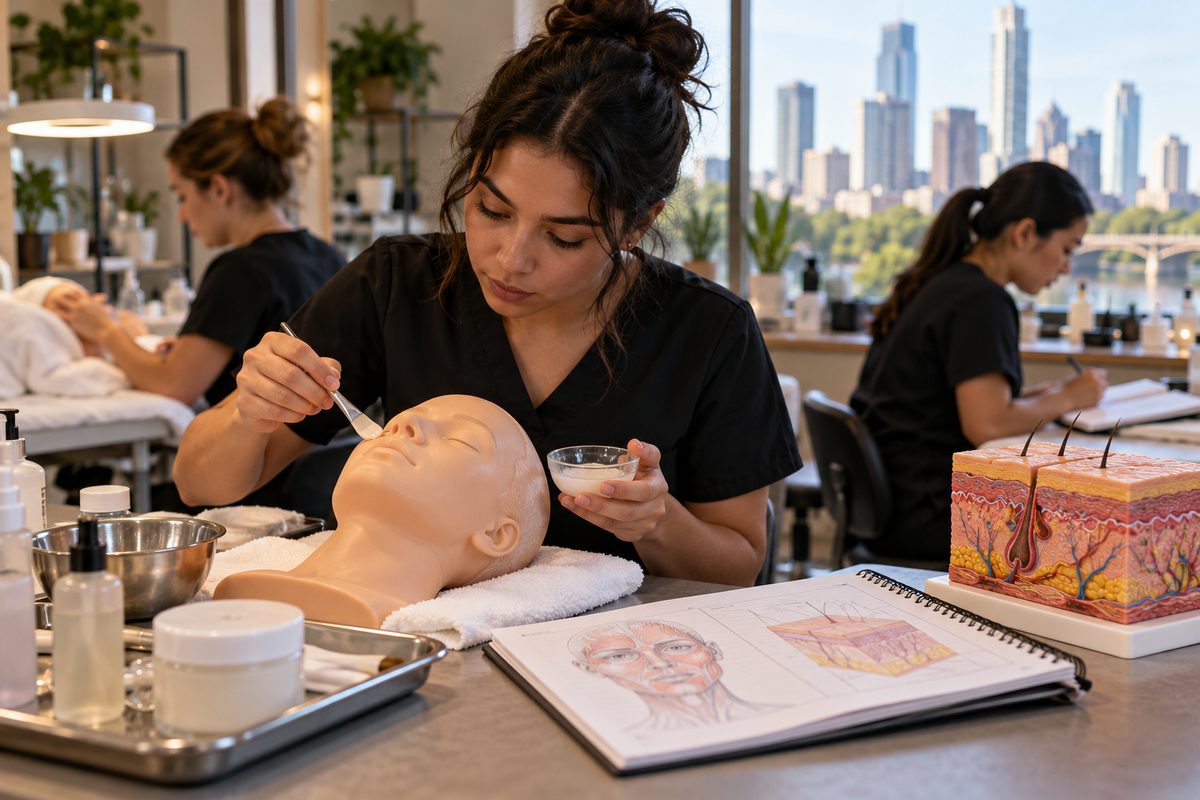 Workstation for esthetician apprentice masterclasses with anatomical models and supplies