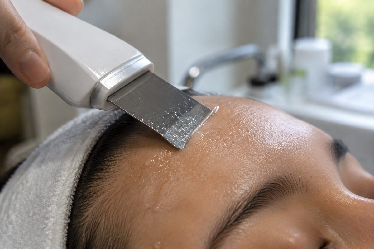 Ultrasonic skin scrubber blade clearing sebum and dead skin cells from client forehead